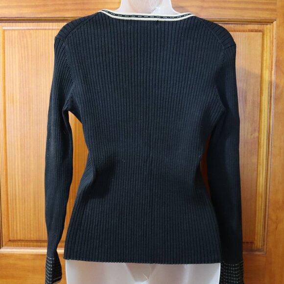 City Silk Vintage Black Pullover Sweater Beige Trim Flared Sleeve Y2K Large - Picture 10 of 14